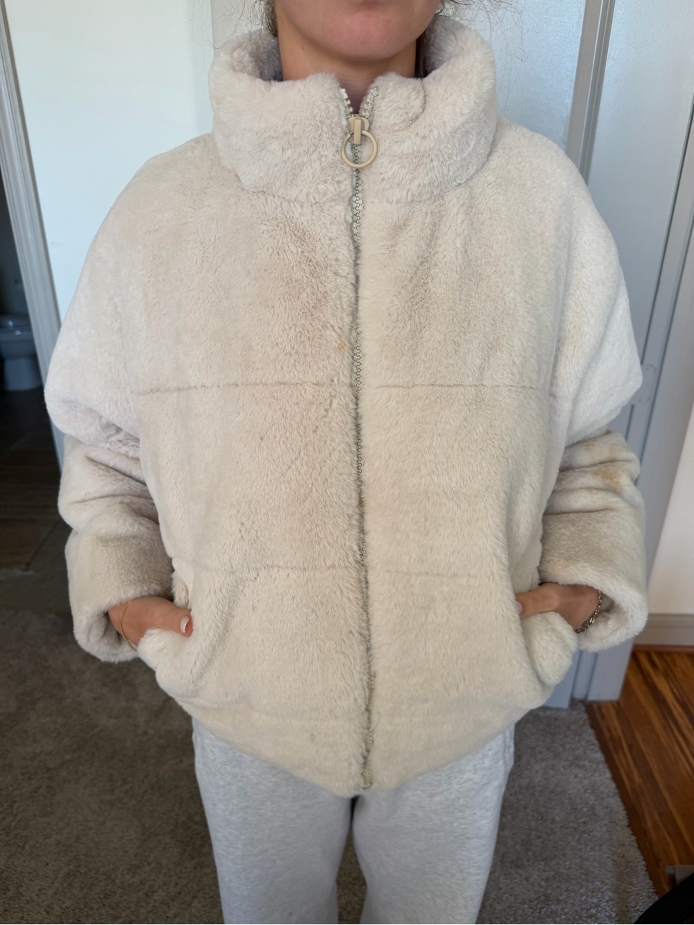 Zara Plush Faux-Fur Zip Jacket in Light Cream